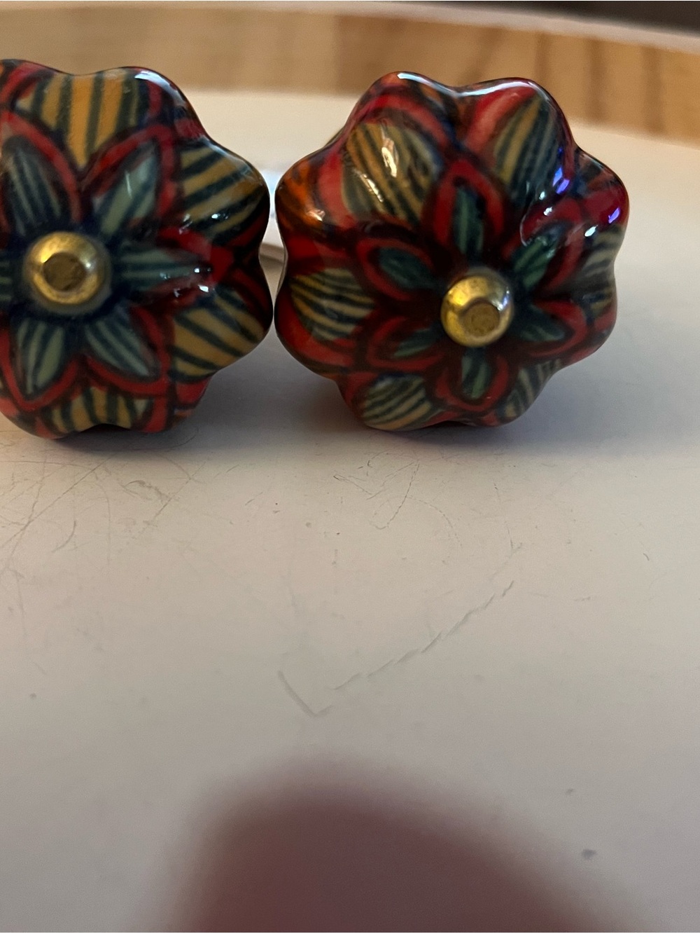 Hand-Painted Floral Ceramic Cabinet Knobs in Orange Yellow Blue set of 2